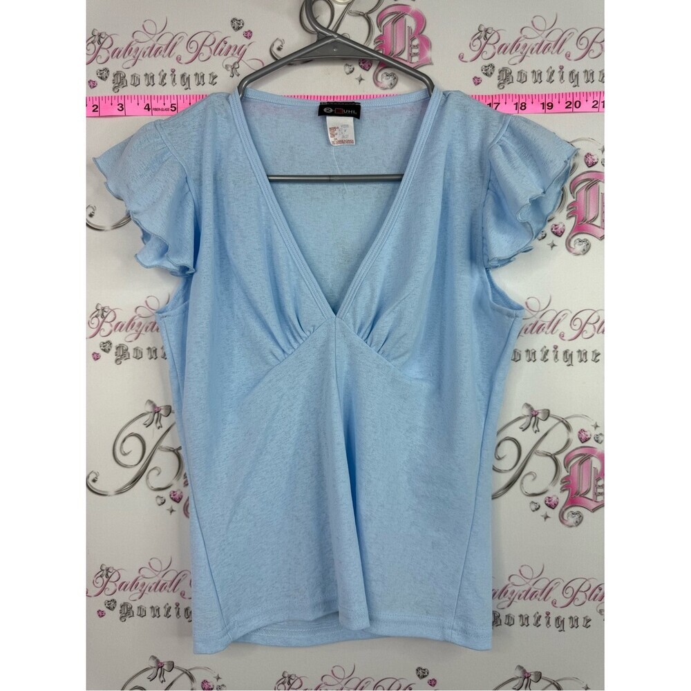 2 kuhl top y2k fairy rare Women's Light Blue V-Neck Flutter Sleeve Tee